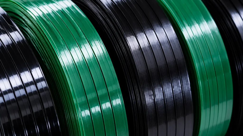 Fleje negro y verde para sujeción de mercancía